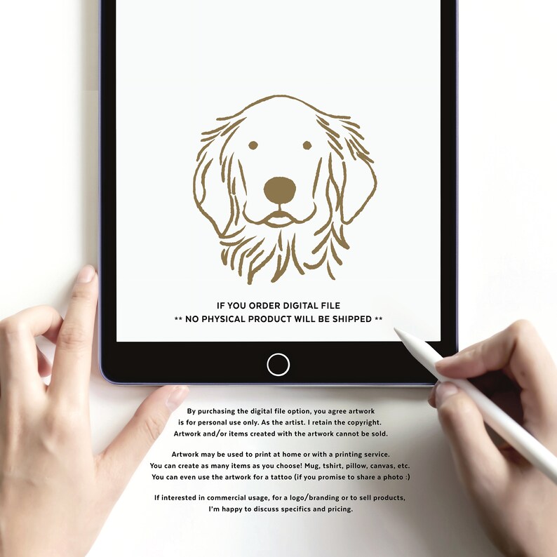 May include: Digital file download of a line art illustration of a golden retriever dog's head. The text reads "IF YOU ORDER DIGITAL FILE ** NO PHYSICAL PRODUCT WILL BE SHIPPED **".