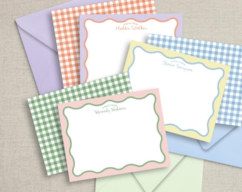 Personalized Wavy Border Note Cards: Gingham Stationery Set