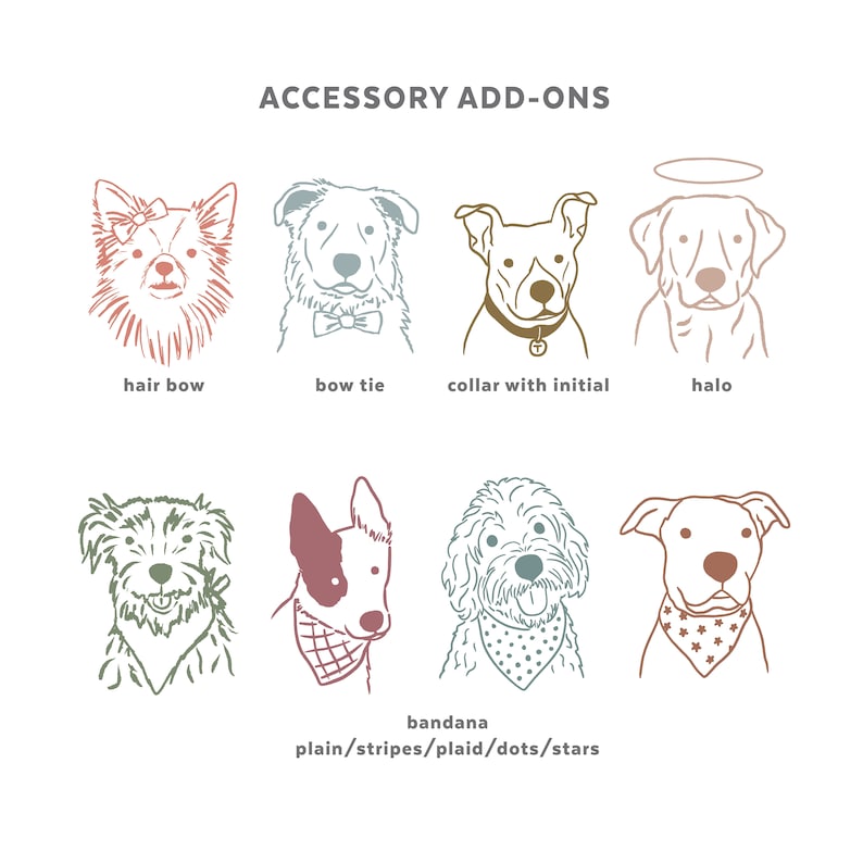May include: Illustration of different dog accessories, including a hair bow, bow tie, collar with initial, halo, and bandana in various colors and patterns. The text "ACCESSORY ADD-ONS" is at the top of the image. The text "bandana" is below the illustrations and the text "plain/stripes/plaid/dots/stars" is below that.