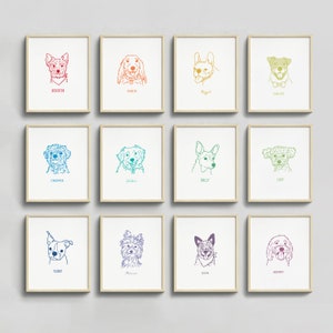 May include: A set of 12 framed illustrations of dogs, each with a different name and a unique color scheme. The frames are all the same size and shape, and they are arranged in a grid pattern. The illustrations are all in a simple line style, and they are all facing forward.