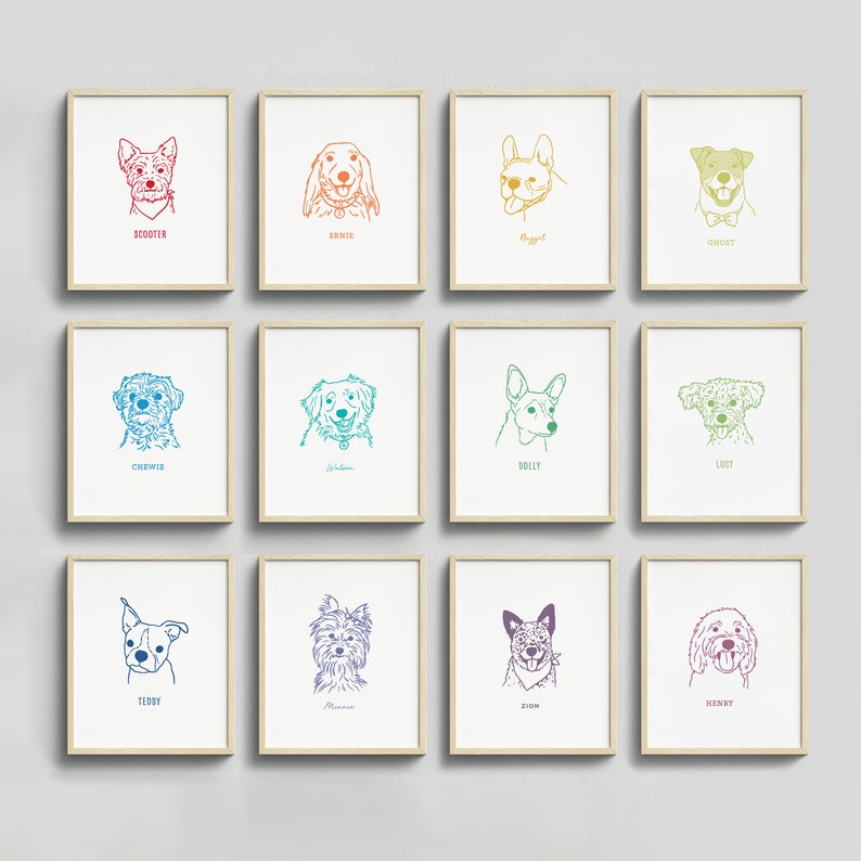 May include: A set of 12 framed illustrations of dogs, each with a different name and a unique color scheme. The frames are all the same size and shape, and they are arranged in a grid pattern. The illustrations are all in a simple line style, and they are all facing forward.