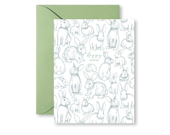 Sketched bunnies Easter card, Hoppy Easter card with hand drawn bunnies, folded card with envelope, blank on inside