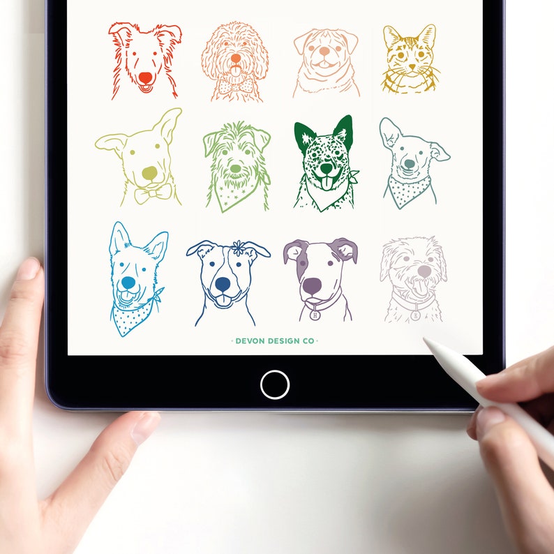 May include: A digital illustration of 10 different dog breeds, each with a unique personality and style. The dogs are drawn in a simple, line art style and are colored in a variety of bright colors. The illustration is perfect for dog lovers and would look great as a print or on a t-shirt.