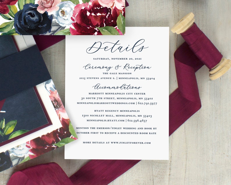 Navy floral wedding invitations, burgundy and navy wedding, navy blue, boho wedding, winter wedding, fall wedding, printed invitations image 8