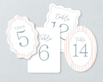 Printed Table Numbers, Blue and pink event table signage, wedding reception table number cards, 95K