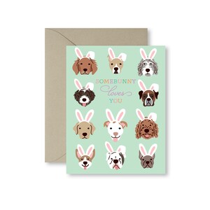Carte de Pâques pour chiots, un lapin vous aime, chiens avec des oreilles de lapin, carte de Pâques pliée pour amoureux des chiens avec enveloppe, vierge à l'intérieur