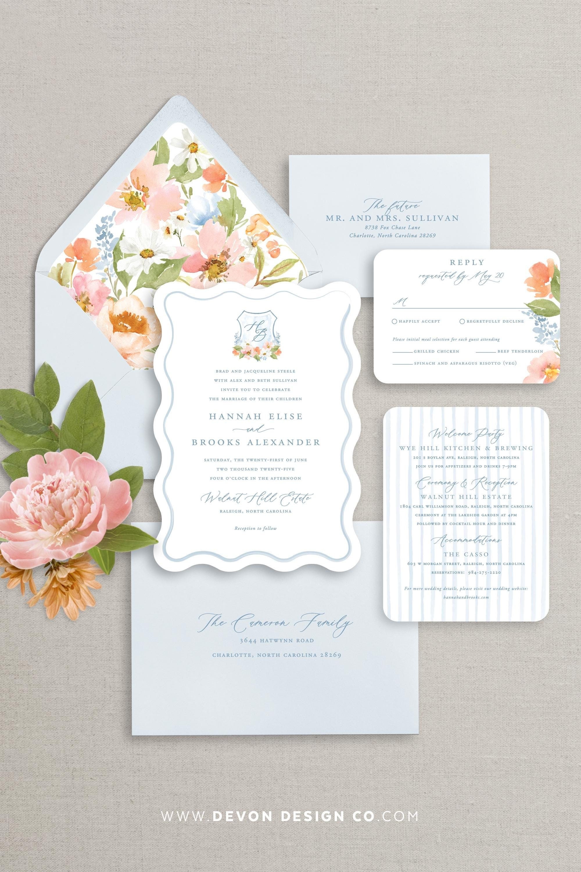 wavy colorful crest wedding invitation, watercolor floral wedding invitation suite with wave die cut, light blue floral printed invites