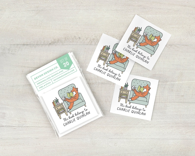 Fox reading book labels, 2 inch childrens custom bookplate stickers, set of 20, book club gift, gift for book lover, gift for teacher image 1