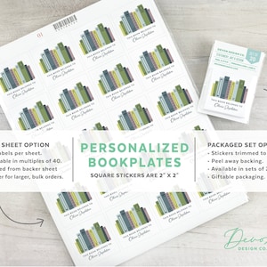 personalized bookplates with colorful books, 2 inch custom book label stickers, sets of 20, book club gift, gift for readers or teacher gift image 2