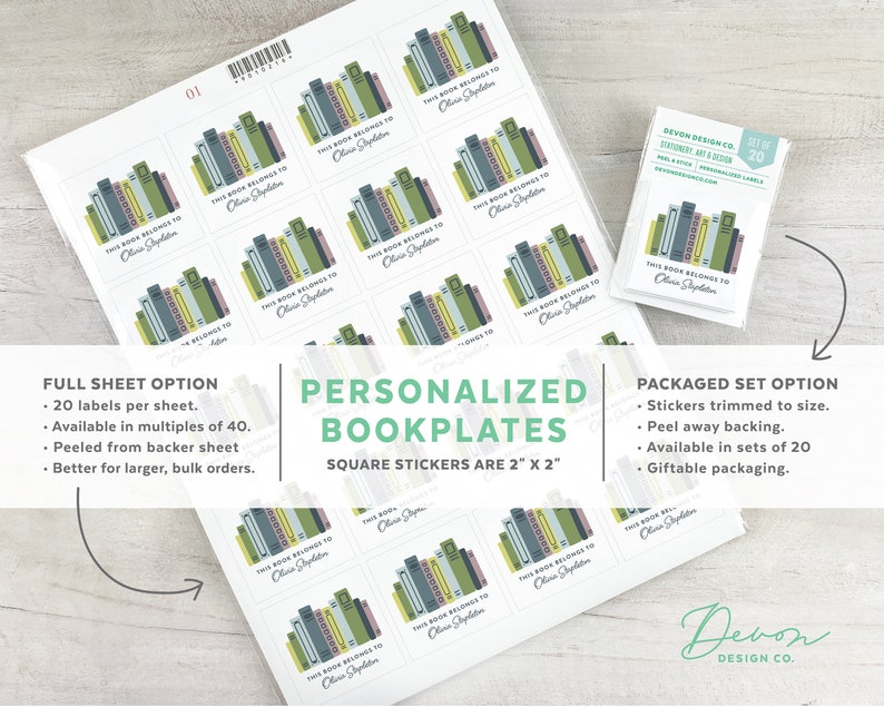 personalized bookplates with colorful books, 2 inch custom book label stickers, sets of 20, book club gift, gift for readers or teacher gift image 2