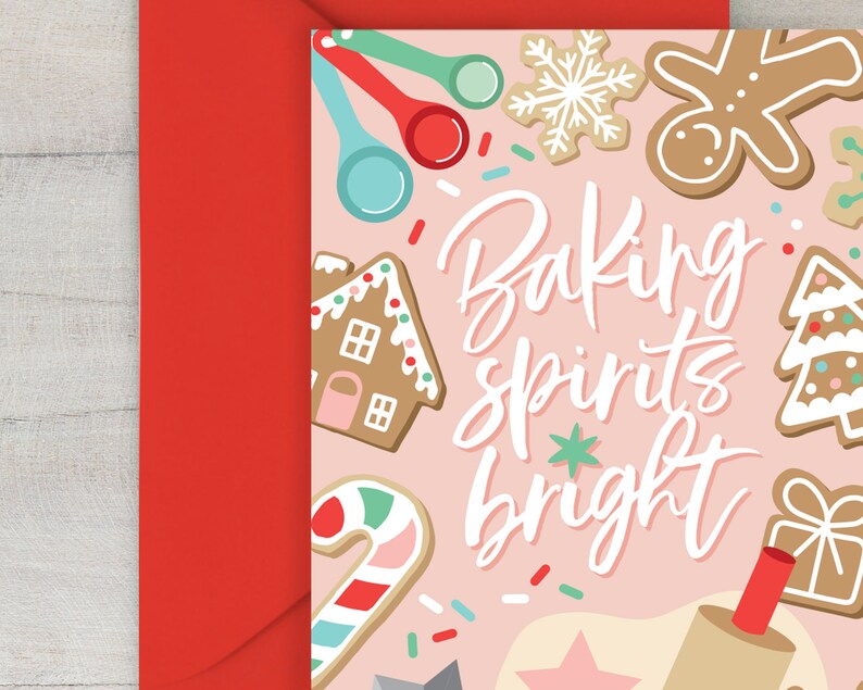 Baking Spirits Bright, holiday card, Christmas cookie festive greeting card, Christmas card for neighbor, folded card with envelope image 5