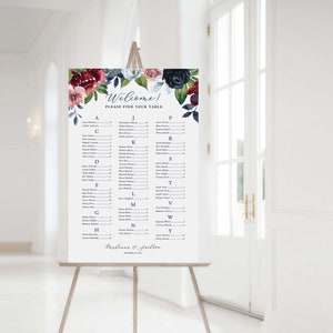 PRINTED wedding seating chart with navy and burgundy florals, custom wedding table seating sign mounted on foam core for navy floral wedding image 5