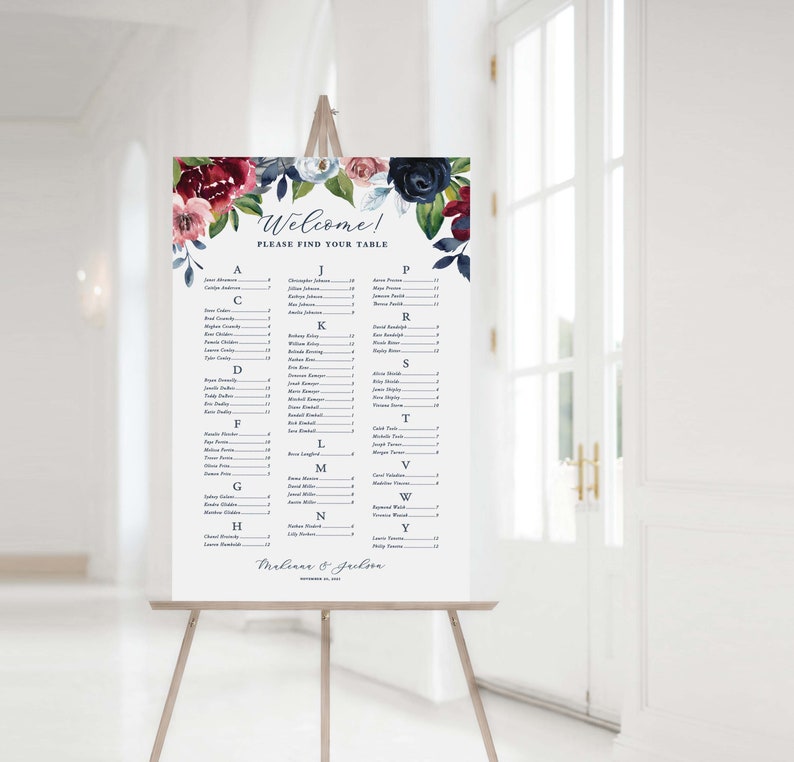 PRINTED wedding seating chart with navy and burgundy florals, custom wedding table seating sign mounted on foam core for navy floral wedding image 5