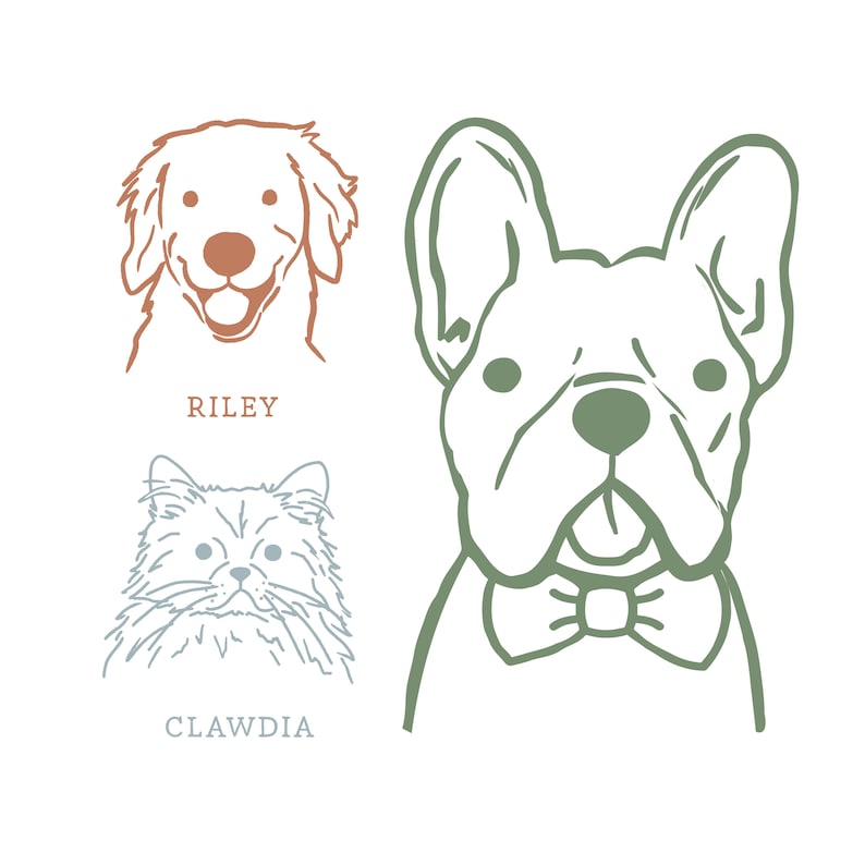May include: Line art illustration of three pets: a golden retriever named Riley, a French bulldog wearing a bow tie, and a fluffy cat named Clawdia.