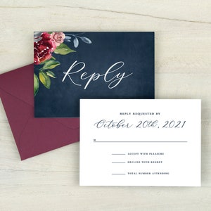 Navy floral wedding invitations, burgundy and navy wedding, navy blue, boho wedding, winter wedding, fall wedding, printed invitations image 7