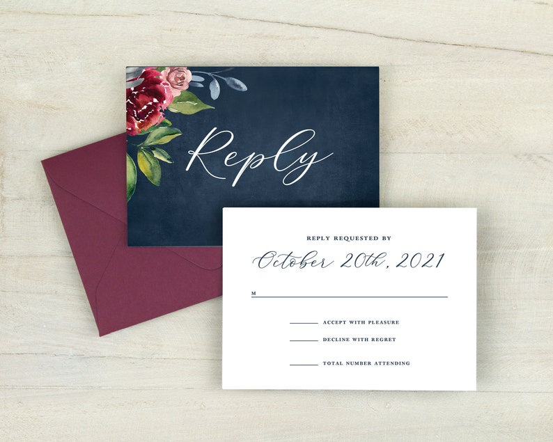 Navy floral wedding invitations, burgundy and navy wedding, navy blue, boho wedding, winter wedding, fall wedding, printed invitations image 7