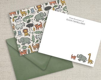 safari animal flat notecards, nursery notecard set, newborn stationery,  baby shower thank you, new baby gift, personalized new mom gift