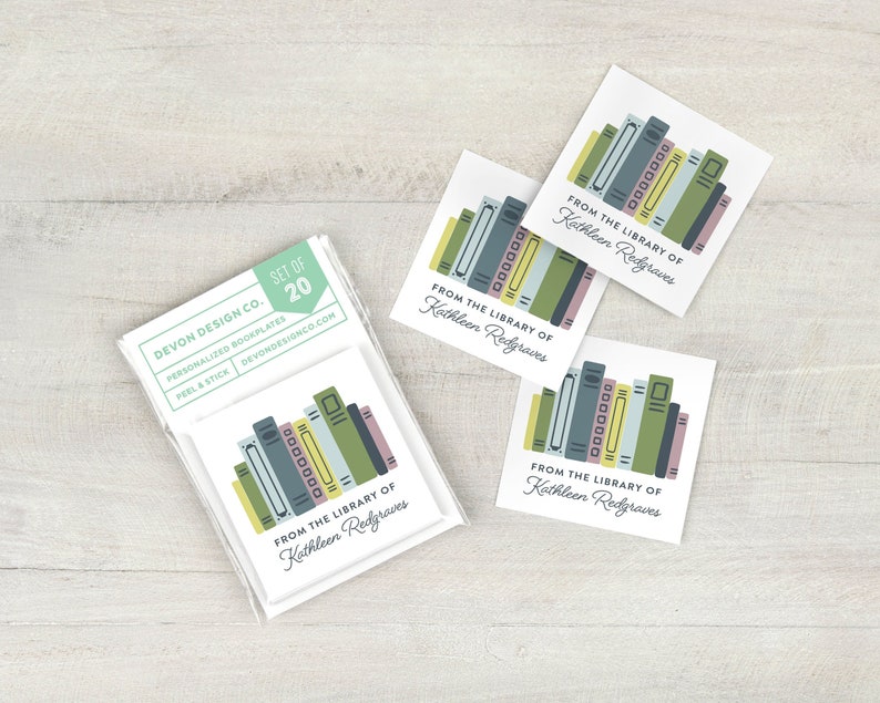 personalized bookplates with colorful books, 2 inch custom book label stickers, sets of 20, book club gift, gift for readers or teacher gift image 1