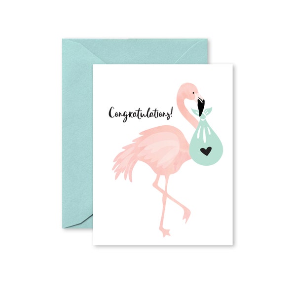 New baby card, Flamingo stork greeting card, Congratulations greeting card, Birth card, Pregnancy card, New mom folded card with envelope
