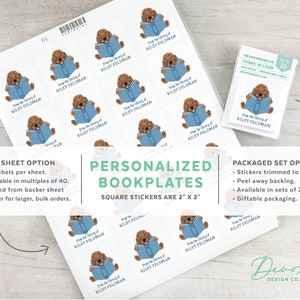 personalized bookplate stickers with doodle dog, 2 inch childrens bookplates with dog, cute kids book label stickers, gift for doodle owner image 2