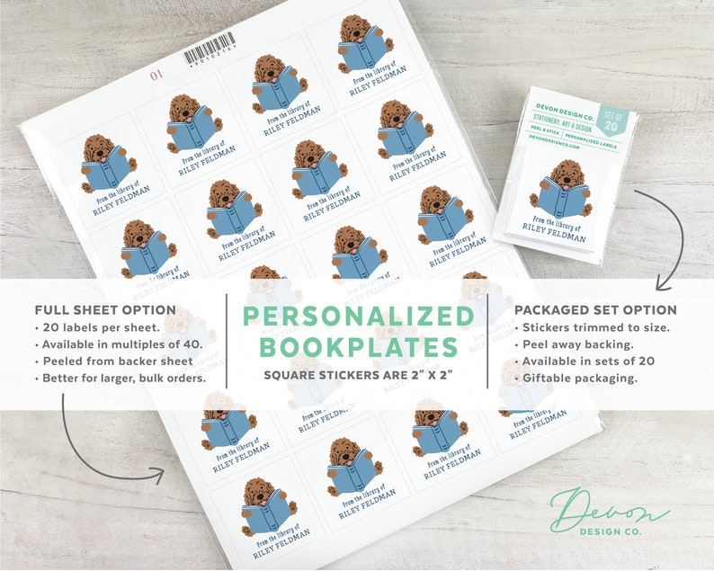 personalized bookplate stickers with doodle dog, 2 inch childrens bookplates with dog, cute kids book label stickers, gift for doodle owner image 2