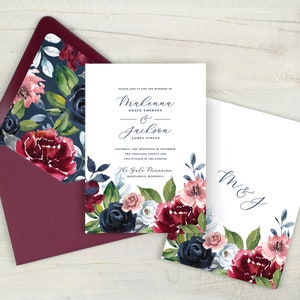 Navy floral wedding invitations, burgundy and navy wedding, navy blue, boho wedding, winter wedding, fall wedding, printed invitations image 6