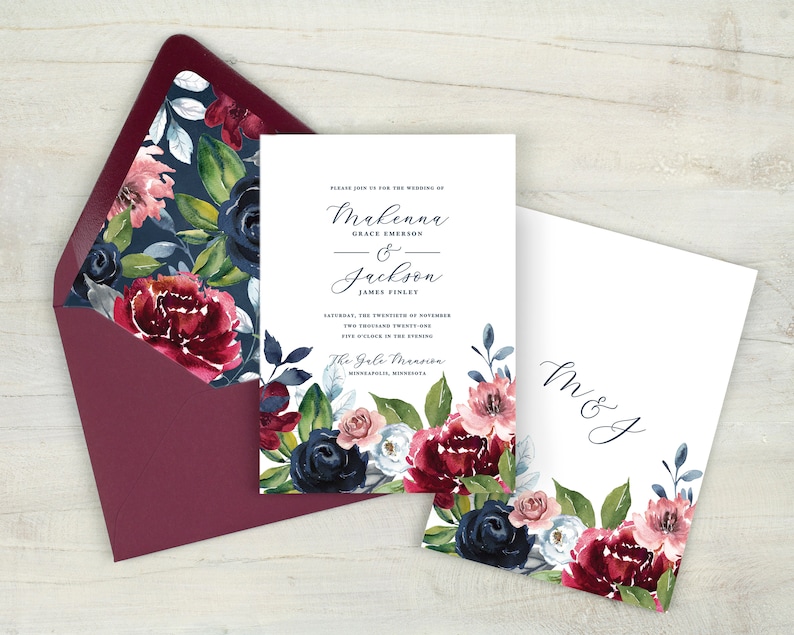 Navy floral wedding invitations, burgundy and navy wedding, navy blue, boho wedding, winter wedding, fall wedding, printed invitations image 6