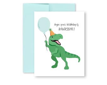 Dinosaur birthday card, Kids birthday card, TRex card, Rawrsome dino greeting card, Tyrannosaurus folded card with envelope