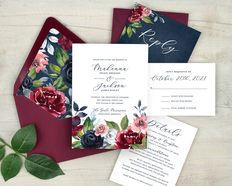 Navy floral wedding invitations, burgundy and navy wedding, navy blue, boho wedding, winter wedding, fall wedding, printed invitations image 3