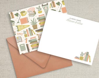Personalized book lover note card set, book lover gift, books and reading stationery, personalized teacher gift, custom flat notecards