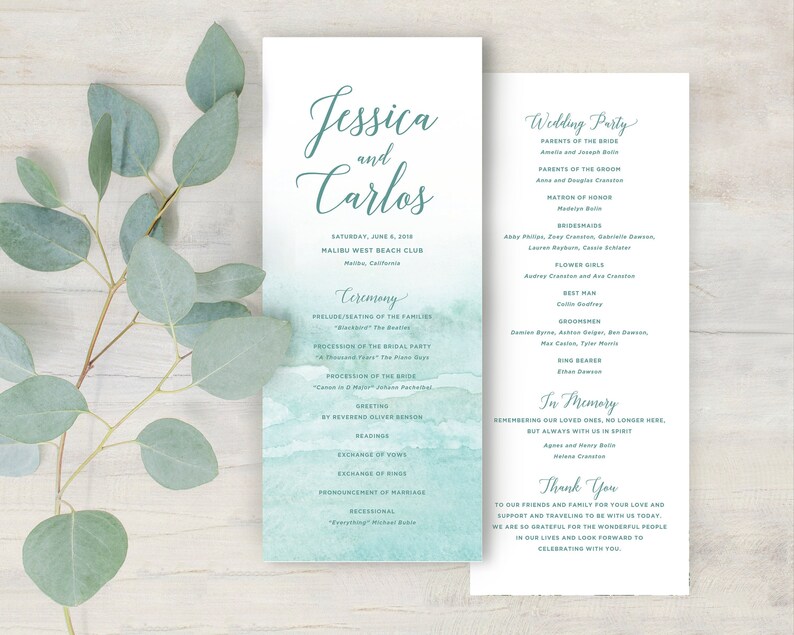 beach wedding program destination wedding programs aqua watercolor printed wedding ceremony programs order of service