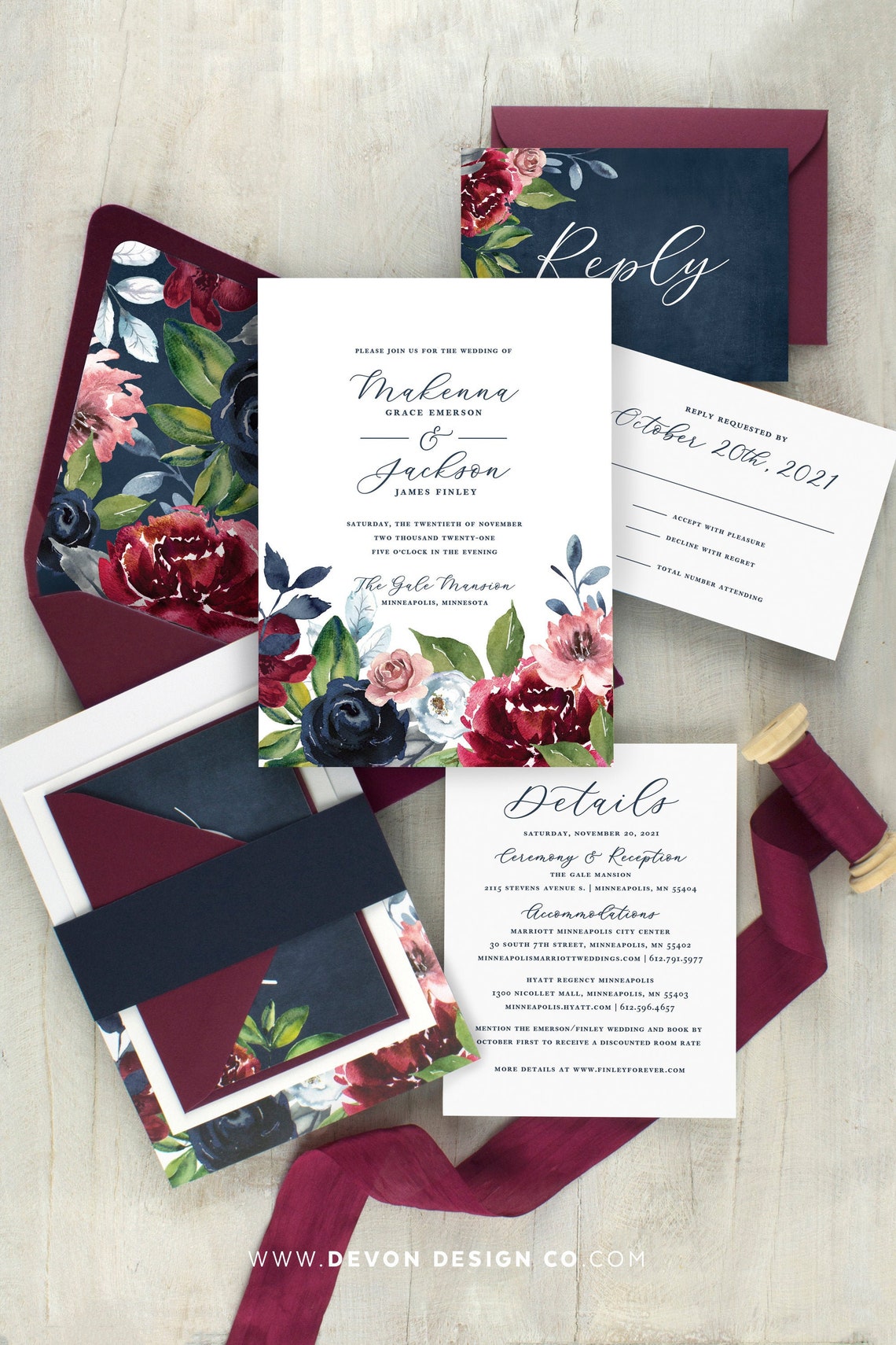 Navy floral wedding invitations burgundy and navy wedding image 1