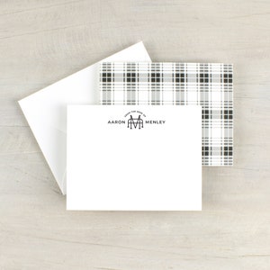 Personalized plaid notecard set, monogram stationery, mens custom stationery, black and white plaid stationery image 6