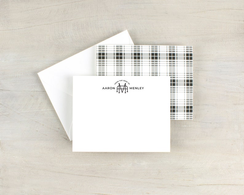 Personalized plaid notecard set, monogram stationery, mens custom stationery, black and white plaid stationery image 6