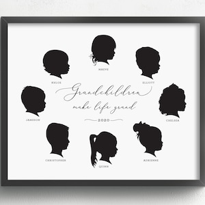 multiple silhouette portrait print, grandparent gift, custom silhouette print, custom family keepsake art print, unframed giclee art print