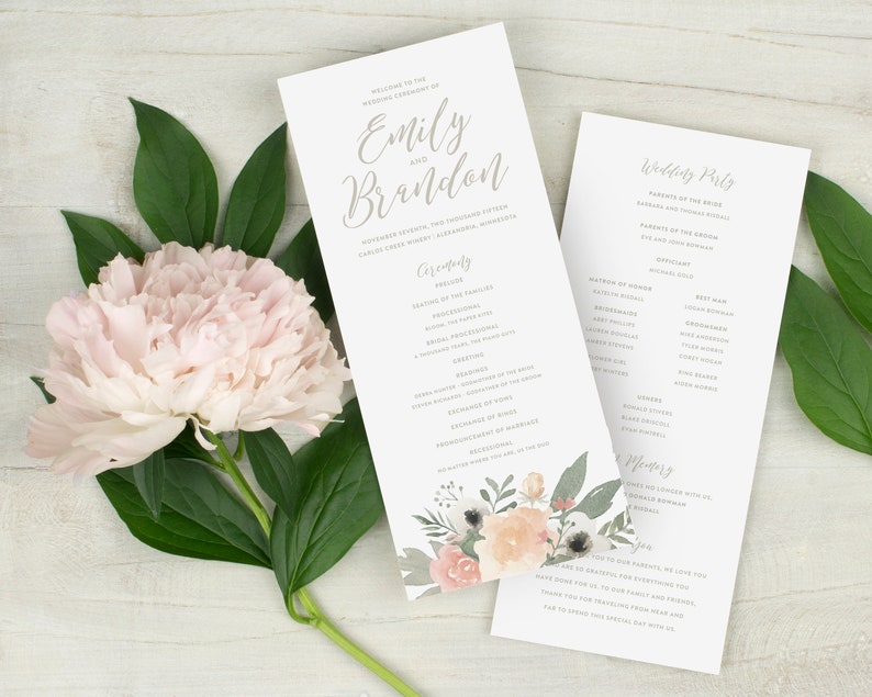 blush floral wedding programs blush and gray wedding ceremony wedding program floral watercolor programs printed wedding programs