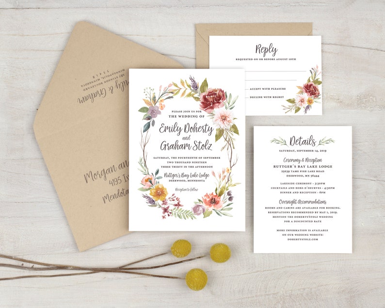 Rustic floral wedding invitations boho wedding wildflower | Etsy