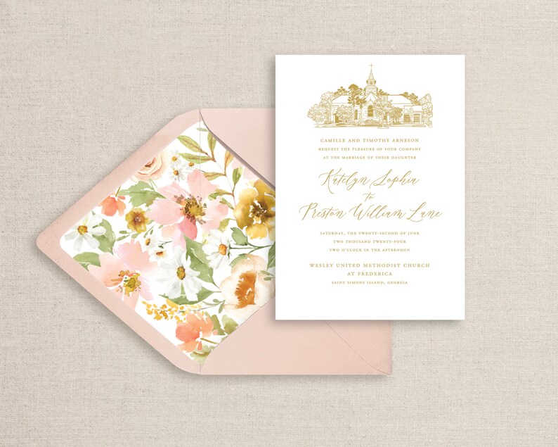 May include: A wedding invitation with a floral design on the envelope and a church illustration on the invitation. The invitation reads "Camille and Timothy Arheson request the pleasure of your company at the marriage of their daughter Katelyn Sophia to Preston William Lane Saturday, the twenty second of June two thousand twenty-four two o'clock in the afternoon Wesley United Methodist Church at Frederica Saint Simons Island, Georgia"