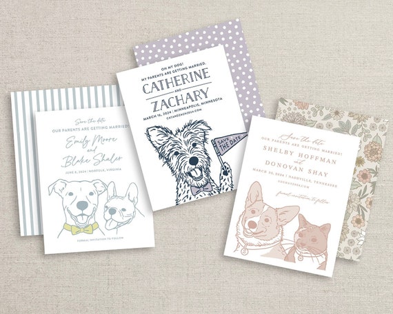 custom pet drawing wedding save the date cards, printed save the dates with pet portrait sketch, unique and funny save the date card