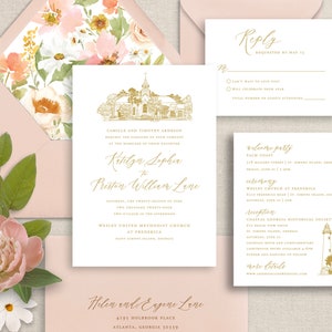 May include: A wedding invitation suite with a floral design. The invitation features a gold illustration of a church and the text "Camille and Timothy Arhesen request the pleasure of your company at the marriage of their daughter Katelyn Sophia to Preston William Lane". The RSVP card has a gold "Reply" heading and the text "Can't wait to join you!" and "Will celebrate from afar". The reception card has a gold "Welcome Party" heading and the text "Palm Coast", a gold "Ceremony" heading and the text "Wesley Church at Frederica", and a gold "Reception" heading and the text "Coastal Georgia Historical Society".