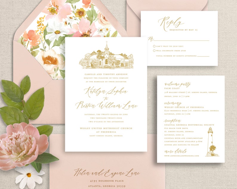 May include: A wedding invitation suite with a floral design. The invitation features a gold illustration of a church and the text "Camille and Timothy Arhesen request the pleasure of your company at the marriage of their daughter Katelyn Sophia to Preston William Lane". The RSVP card has a gold "Reply" heading and the text "Can't wait to join you!" and "Will celebrate from afar". The reception card has a gold "Welcome Party" heading and the text "Palm Coast", a gold "Ceremony" heading and the text "Wesley Church at Frederica", and a gold "Reception" heading and the text "Coastal Georgia Historical Society".