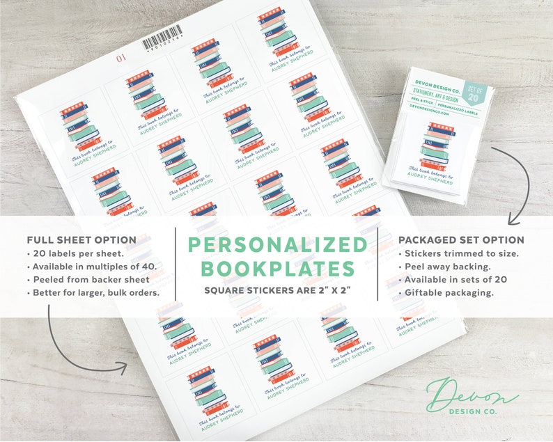 personalized bookplates, 2 inch custom bookplate stickers, set of 20, book club gift, gift for book lover, teacher gift image 2