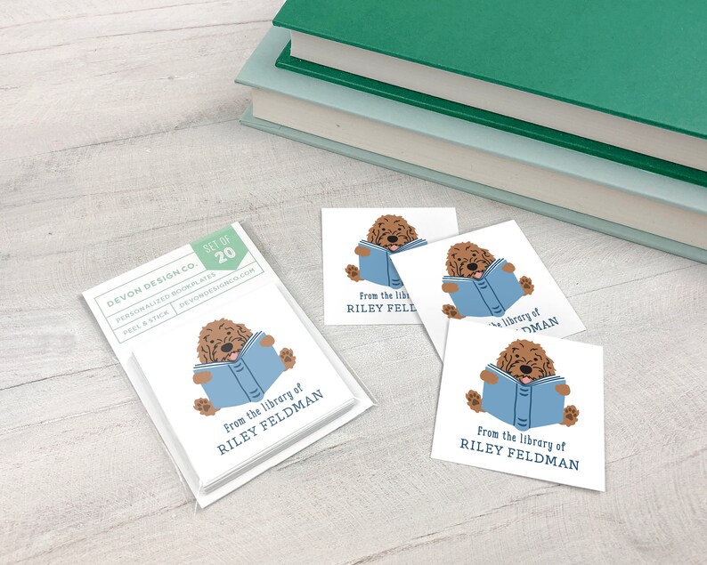 personalized bookplate stickers with doodle dog, 2 inch childrens bookplates with dog, cute kids book label stickers, gift for doodle owner image 4