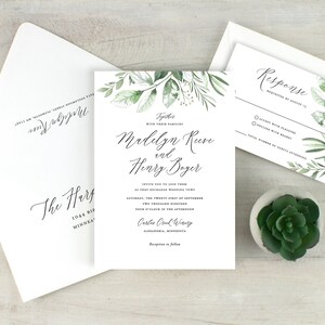 greenery wedding invitations, simple greenery, watercolor boho wedding invitation, woodland, neutral wedding invitation, printed invitations image 5