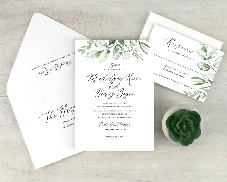 greenery wedding invitations, simple greenery, watercolor boho wedding invitation, woodland, neutral wedding invitation, printed invitations image 5