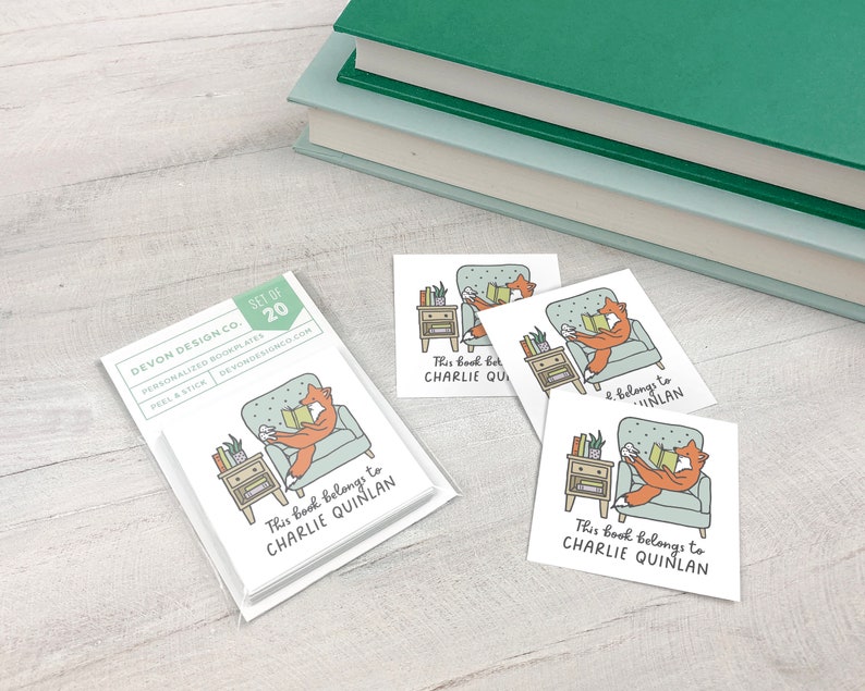 Fox reading book labels, 2 inch childrens custom bookplate stickers, set of 20, book club gift, gift for book lover, gift for teacher image 4