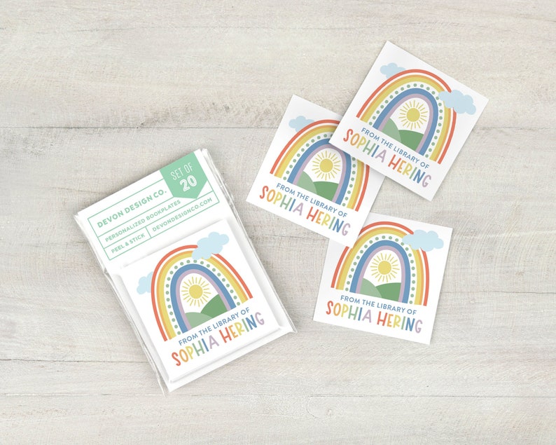 kids rainbow custom bookplates, 2 inch childrens book stickers, rainbow book labels, book club gift, gift for book lovers, gift for teacher image 1