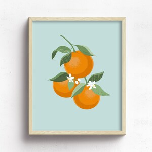 Pode incluir: Uma ilustra&ccedil;&atilde;o digital de tr&ecirc;s laranjas laranja em um galho com folhas verdes e flores brancas sobre um fundo azul claro.