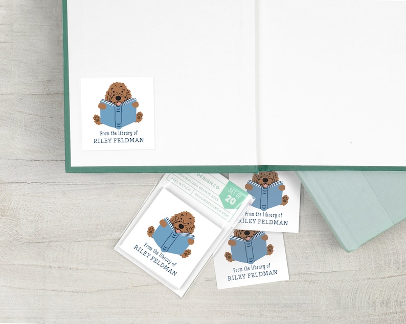 personalized bookplate stickers with doodle dog, 2 inch childrens bookplates with dog, cute kids book label stickers, gift for doodle owner image 6