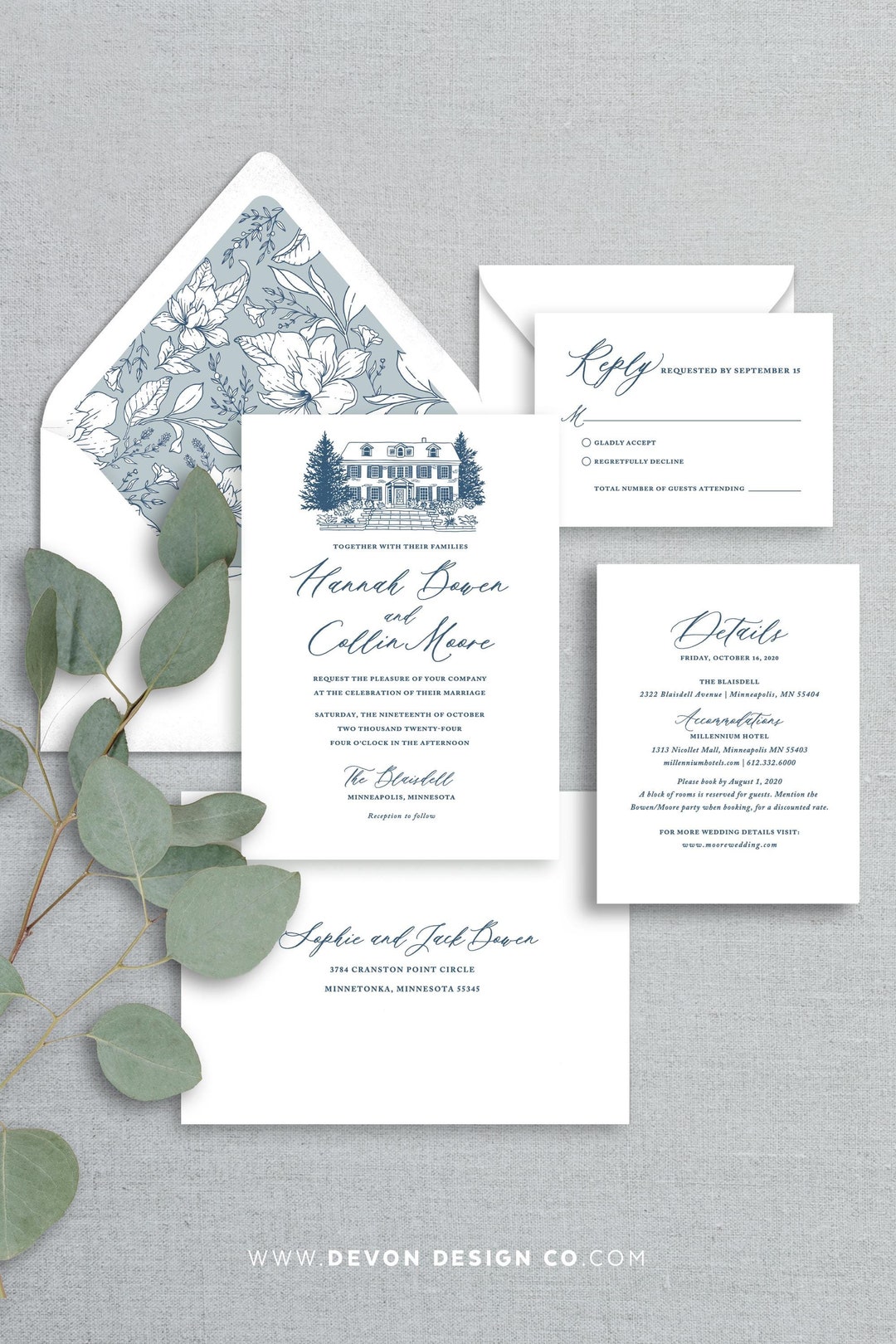 Faire-part de mariage croquis personnalisé, dessin de lieu de